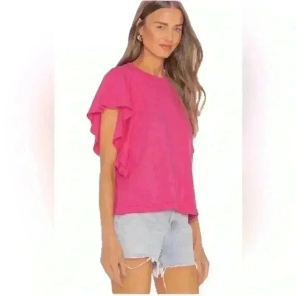 Michael Stars Ruffle Sleeve Tee in Hot Pink